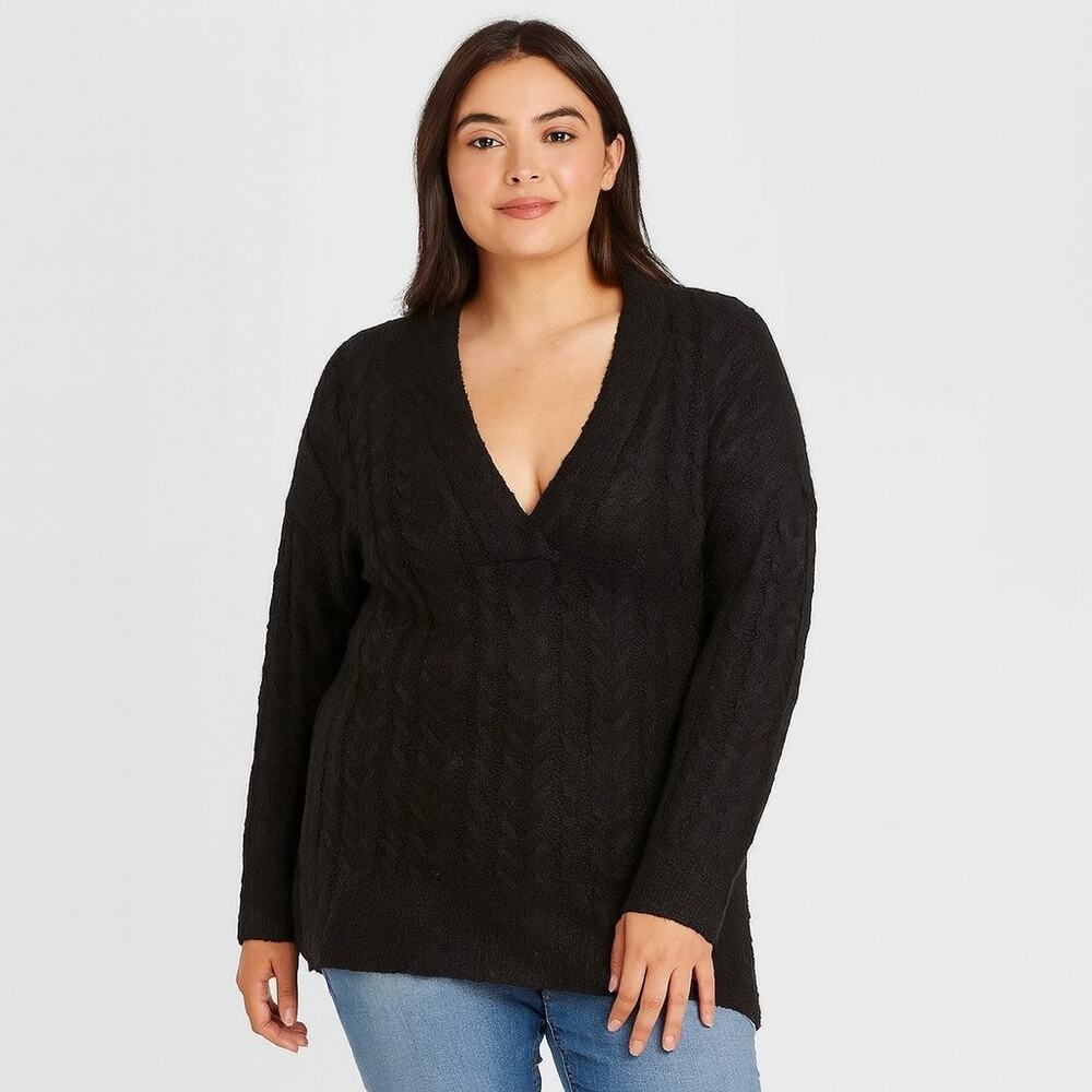Cloth by RD Women’s M Black Cable Knit V-Neck Oversized Sweater NWT